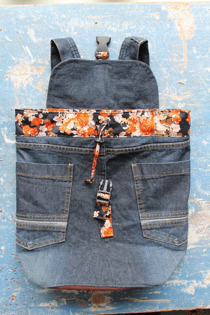 Unique upcycled denim backpack with vintage orange floral Etsy