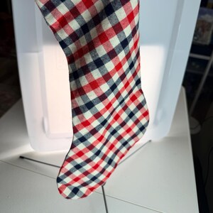Handmade Buffalo Plaid Christmas Stocking | Red & Black Checked Fabric Stocking with Hanging Loop | Lightweight Holiday Decor