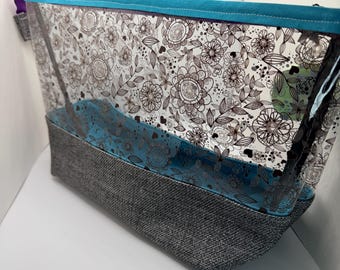Bolsa con fondo en forma de caja, hecha a mano, de vinilo transparente floral y lona gris con cremallera, organizador para playa, piscina o viajes.