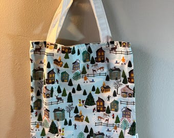 Handmade Fabric Tote Bag | Winter Christmas Scene Reusable Tote | Foldable Holiday Gift or Shopping Bag