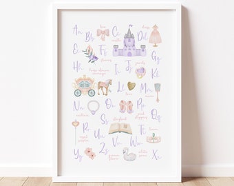 Purple Princess Alphabet Print | ABC Princess Nursery Print | Kids Room Decor | Magical Kingdom Fairytale Castle Wall Art Poster