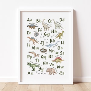 Stampa dell'alfabeto dei dinosauri / Stampa dell'asilo nido ABC Dino / Decorazione della stanza dei giochi per bambini / Poster di arte della parete dei dinosauri / Poster di apprendimento educativo