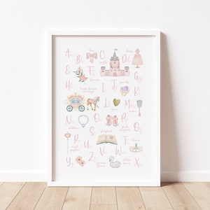 Roze prinses alfabet print | ABC prinses kwekerij print | Kinderkamerdecoratie | Magische Koninkrijk sprookjeskasteel kunst aan de muur poster