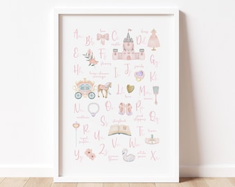 Pink Princess Alphabet Print | ABC Princess Nursery Print | Kids Room Decor | Magical Kingdom Fairytale Castle Wall Art Poster