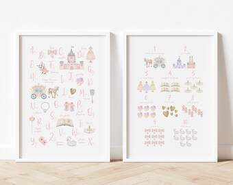 Set of 2 Pink Princess Alphabet & 1-10 Number Prints | Nursery Prints Kids Room Decor | Magical Kingdom Fairytale Castle Wall Art Posters