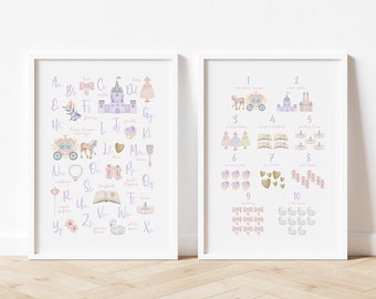 Set of 2 Purple Princess Alphabet & 1-10 Number Prints | Nursery Prints Kids Room Decor | Magical Kingdom Fairytale Castle Wall Art Posters