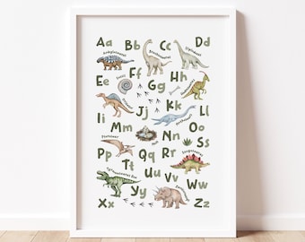 Dinosaur Alphabet Print | ABC Dino Nursery Print | Kids Play Room Decor | Dinosaur Wall Art Poster | Educational Learning Poster