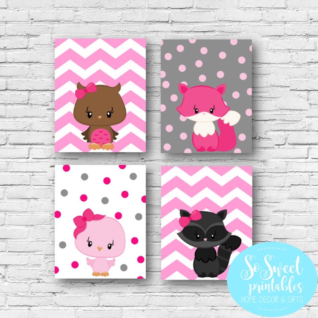 Woodland Animals Printables Set of 4 Forest Animals Pink Nursery Art ...