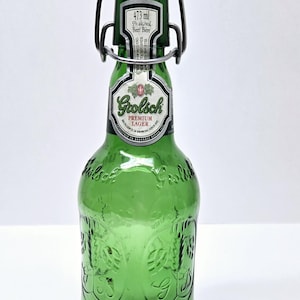 Vintage Grolsch Green Glass Beer Bottle 9.5" Tall Flip Top Original Label Dutch Premium Lager