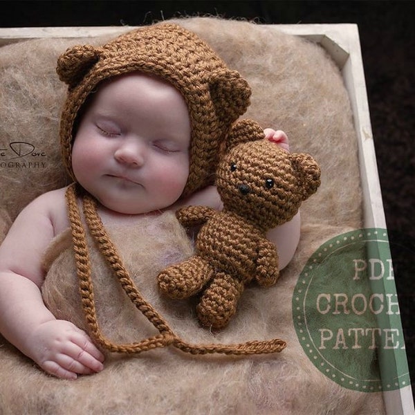 Newborn Photo Prop - Teddy Bear Bonnet and Stuffie - Crochet Pattern - Baby Bear Bonnet