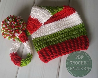 Elf Hat Pattern - Christmas Elf Hat Crochet Pattern - Elf Stocking Hat Pattern - Holiday Hat Pattern for Family - All sizes included.