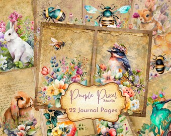 Spring Junk Journal Pages feature Bees, Birds, Bunnies, & Flowers, Junk Journal Printable, Digital Paper, Printable Journal, Memory Keeping