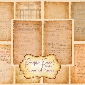 May include: Seven vintage journal pages with handwritten text and faded ink. The pages are yellowed and have a distressed look. The text includes the words "Bought of George E. Voorhees", "Hardware and Iron Merchant", "Alex. Tyo", and "Purple Pixel Studio 7 Journal Pages".
