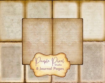 May include: Eight blank journal pages with lined paper and a vintage aesthetic. The pages have a subtle lace pattern and are bordered with a distressed, aged look. The text "Purple Pixel Studio 8 Journal Pages" is on a yellow label.