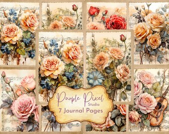 Junk Journal Druckbare Seiten, Aquarell Journal Seiten, Junk Journal Versorgung, Aquarell Rosen, Scrapbook druckbare, Printable Journal Seite