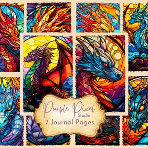 Stained Glass Dragon Junk Journal Pages, Dragon Journal Pages, Digital Paper, Printable Journal, Junk Journal Printable, Journaling Pages