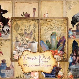 Puede incluir: Un collage de páginas de diario de estilo vintage con temática de brujería. El diseño incluye ilustraciones de cristales, velas, un gato negro, un cuervo, calaveras y detalles florales. El texto "Witchcraft" y "Purple Pixel Studio 22 Journal Pages" es visible.