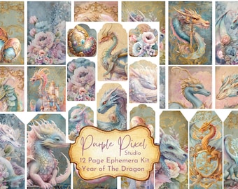 Year of The Dragon Add-on Ephemera Kit, Junk Journal Ephemera, Dragon Themed Journal Kit