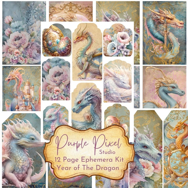 Year of The Dragon Add-on Ephemera Kit, Junk Journal Ephemera, Dragon Themed Journal Kit