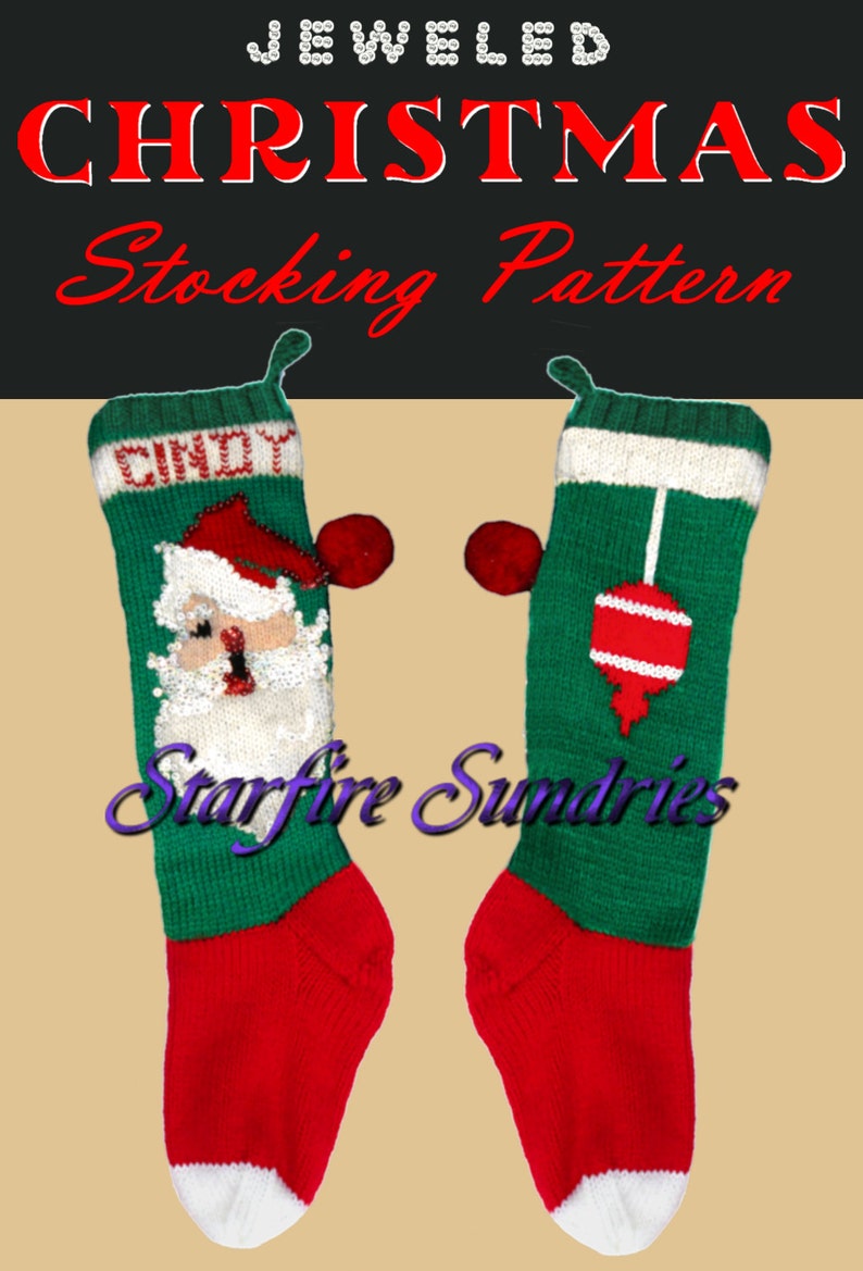 PDF Jeweled Santa Face Christmas Stocking Knitting Vintage Pattern Bear Brand 7592 Large Print image 1