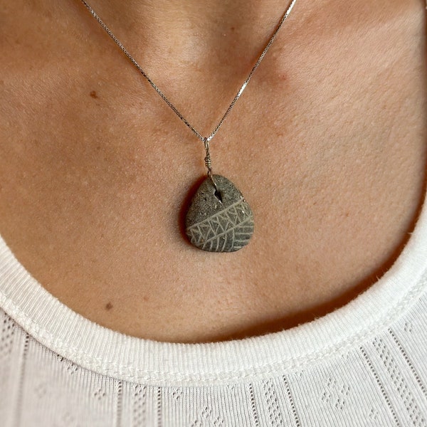 Geometric Tribal Etched Stone Pendant - Minimalist Engraved Beach Rock Jewelry - Natural, Surf Tumbled, & Unpolished