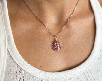 Wire Wrapped White and Purple Calico Scallop Shell Pendant - Minimalist Jewelry for Beach Lovers - Real Seashell; Natural & Surf Tumbled