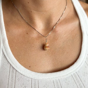 Puede incluir: Un collar de cadena de plata con un pequeño colgante en forma de lágrima de concha. La concha es marrón y blanca con marcas naranjas.