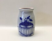 1991 Salmon Falls Salt Glazed Blueberry Basket Crock Utensil Holder Vase Cobalt Blue Hand Painted Design