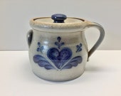 1989 Rowe Pottery Crock with Lid and Handle Cobalt Blue Hand Painted Design