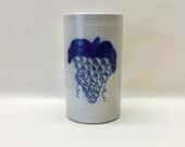 1994 Salmon Falls Salt Glazed Grapes Wine Bottle Crock Utensil Holder Vase Cobalt Blue Hand Painted Design