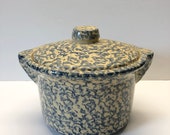 Roseville Ohio Blue Spongeware Crock with Lid and Handles