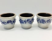 3 Miniature Salmon Falls Salt Glazed Berry Vine Crocks Votive Candle Holders Cobalt Blue Hand Painted Design