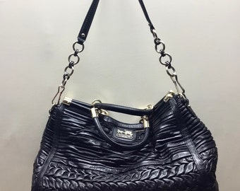 Authentic Coach Black Leather Handbag with Detachable Strap ~ Top Handle ~ Zipper Closure - Gold Tone Hardware