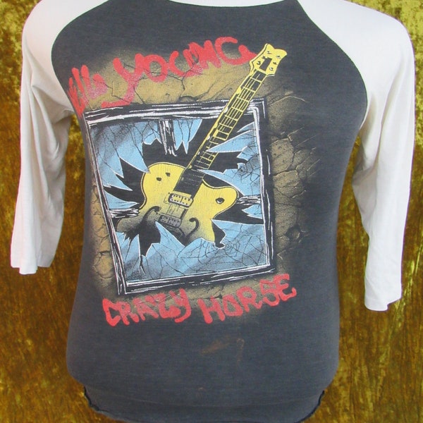 Vintage 1986 80's Neil Young Crazy Horse Garage Tour Raglan Jersey T-Shirt Paper Thin Single Stitch Size Small