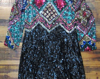 Sukienka Lillie Rubin Vintage All Over Multi Color Sequin z cekinami w stylu lat 80.