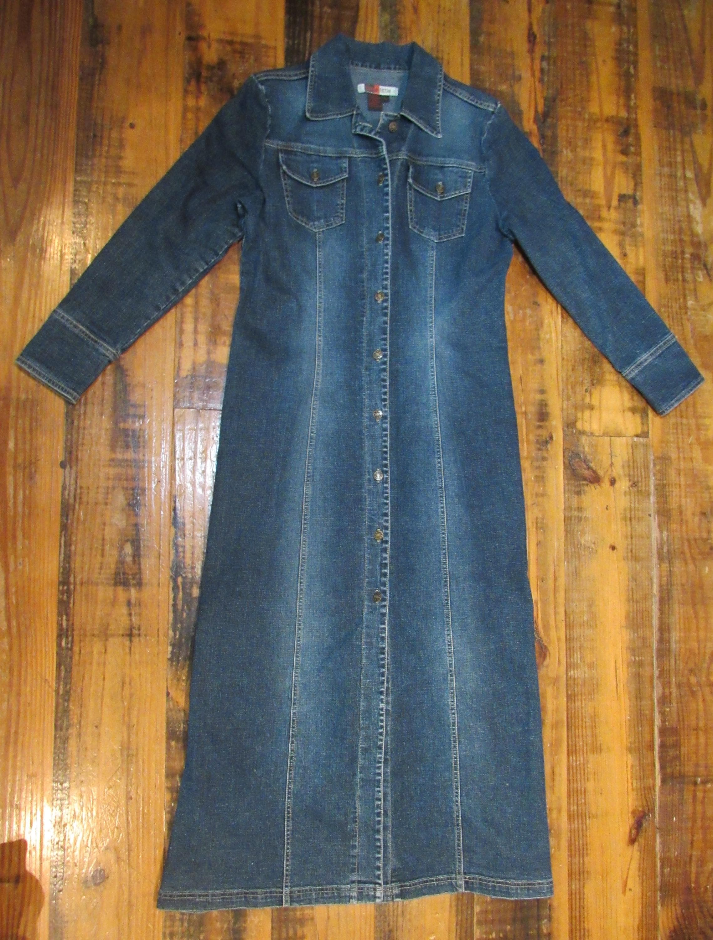 Vintage Y2K Live a Little Full Length Long Denim Trench Coat Women's Small