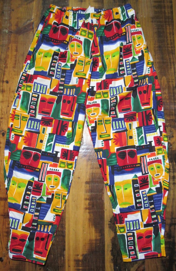 Vintage 80's 90's International Male Abstract Colorful Geometric Faces  Baggy Jam Pants Muscle / Gym Hip Hop MC Hammer Parachute Size XL 