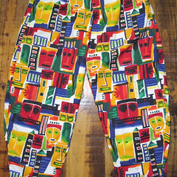 Vintage 80's 90's International Male Abstract Colorful Geometric Faces Baggy Jam Pants Muscle / Gym Hip Hop MC Hammer Parachute Size XL