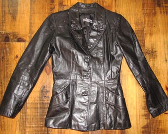 Vintage Wilsons Black Leather Blazer Coat Jacket Marbled Buttons Womens Small XS