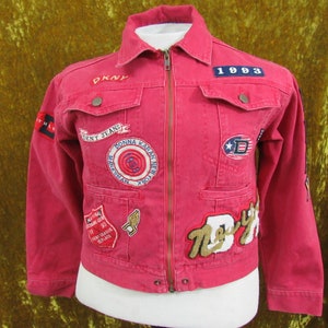 DKNY Donna Karan Vintage Red Denim Letterman Custom Patch