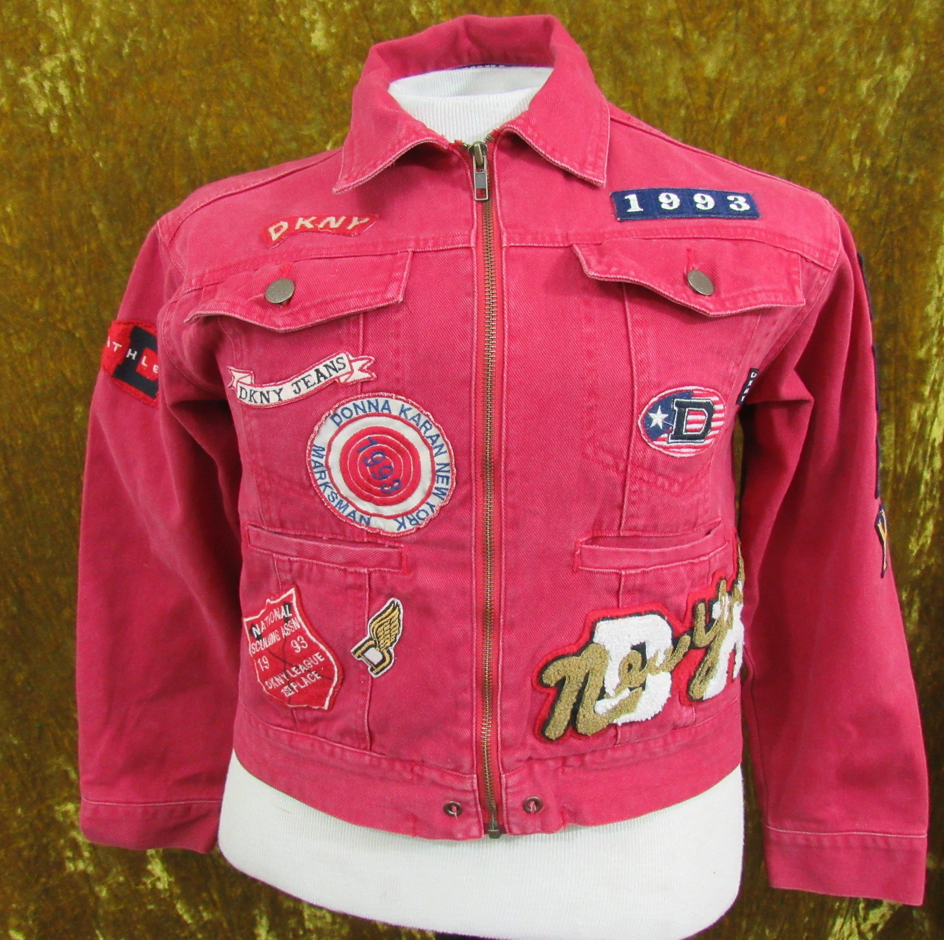 Vintage 90 s 1993 DKNY Donna Karan New York Red Denim Letterman Patch Jean Jacket Size Medium Small