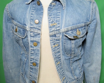 Giacca vintage anni '70 Lee 101-J Sanforized Union Made in denim rovinato/logorato con toppa Harley Davidson, taglia 38 normale