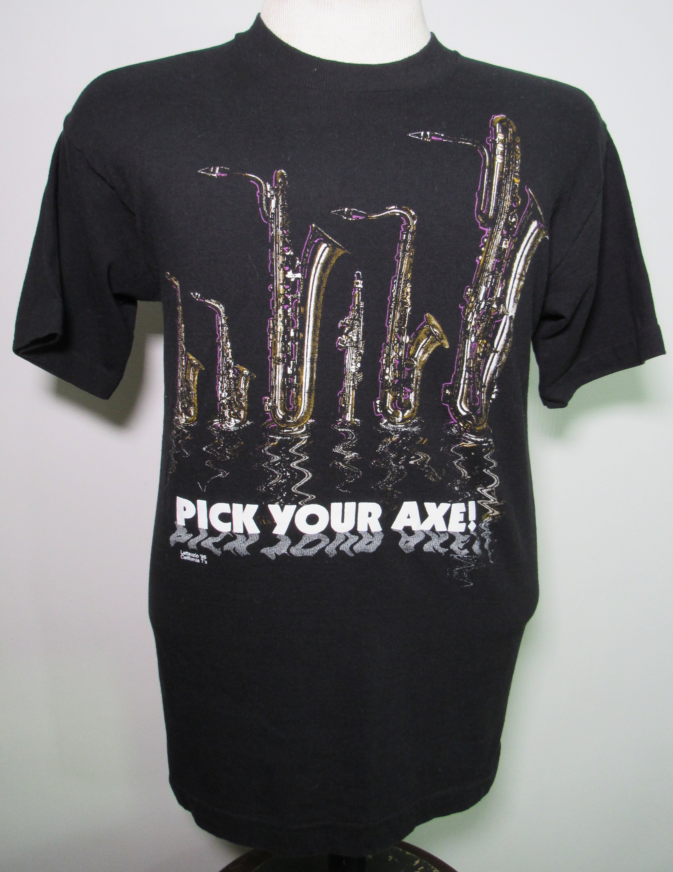 Vintage 90's Pick Your Axe Saxophone Graphic T-Shirt Single Stitch Size Medium