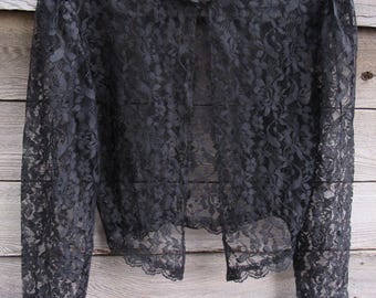 Vintage 80's Gunne Sax Jessica McClintock Black Floral Lace Top Cardigan Women's Small