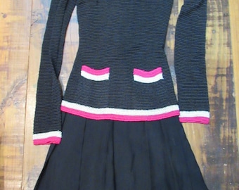 Vintage 60's Paule Nelson Italy Designer Crochet Mod Dress Size 6 Black/Pink