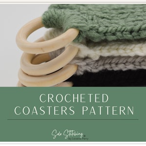May include: Crocheted coasters pattern by Solo Stitching by Lavena Perry.  Four crocheted coasters in green, white, gray, and black with wooden rings.