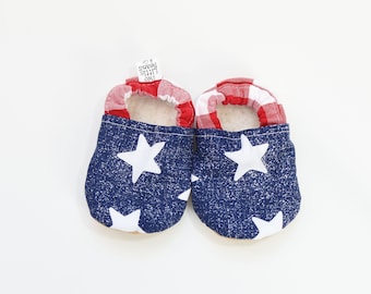 4. Juli Baby, amerikanische Baby, weiche Sohle Baby Moccs, Mokassins, Booties, Krippe Schuhe, Hausschuhe, Vintage Sterne