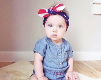 4th of July headband, Patriotic headband, summer headband, baby top knot, baby headband, top knot headband, baby girl headband, red and blue