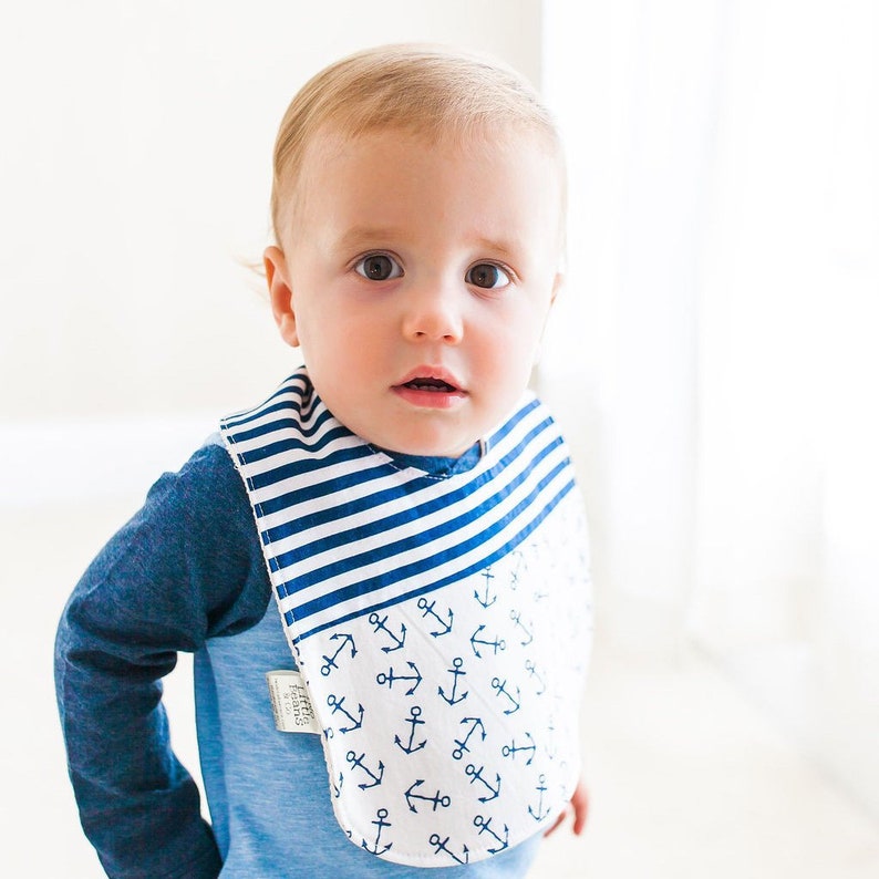 Anchor Baby Bib, Baby Bib Boy, Baby Boy Blue Bib, Nautical Baby Bib, Dribble Bib with Anchors and Stripes, Nautical Baby Gift for boy image 1