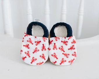 Maine baby, baby booties, baby moccs, baby mocassins, soft soled shoes, Lobster, Made in Maine, Maine Lobster, Lobster Baby Clothes, moccs